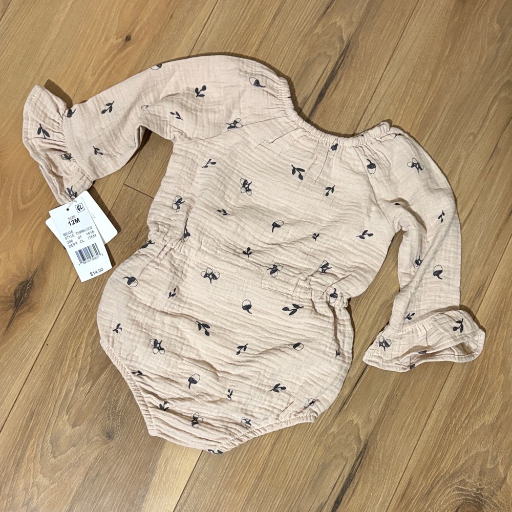 Grayson Mini 12 Month Onesie / Romper Cream w/ Acorns, Branches and a Big Bow